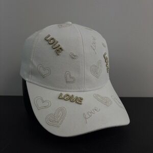 Y2K  White Peace Love And Hearts Hat Gold Embroidered Cap Strapback Adjustable